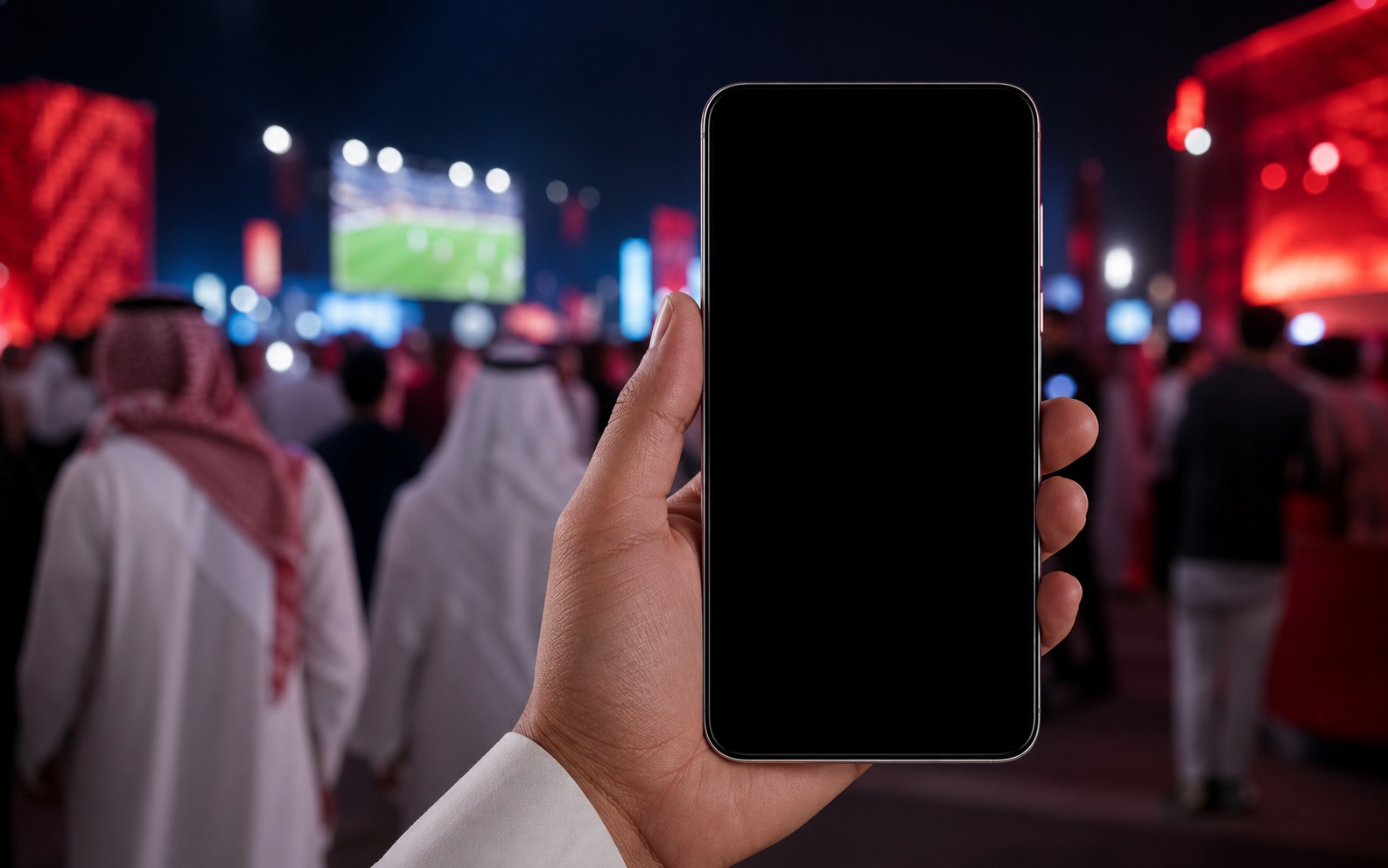 مشجع يمسك هاتفًا داخل أجواء فعالية عيشوا المونديال